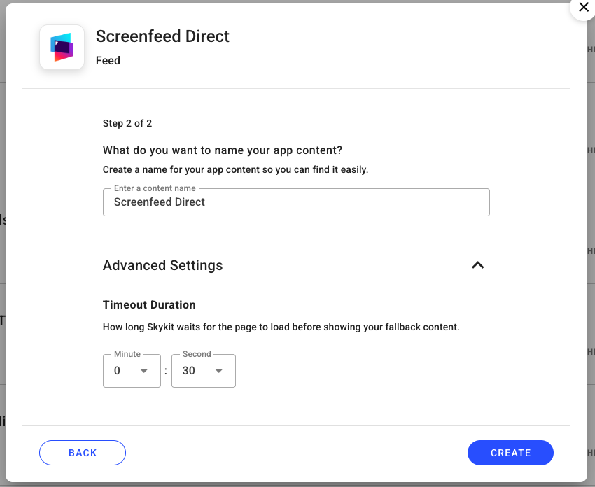 Screenfeed Direct app content naming and timeout duration settings interface.